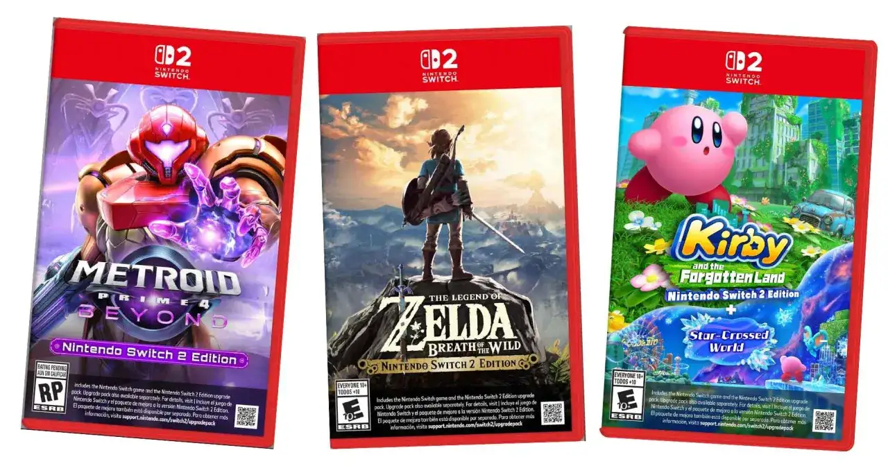 Okładki gier Nintendo Switch: Metroid Prime 4, Zelda: Breath of the Wild i Kirby and the Forgotten Land. Idealne gry ruchowe Nintendo Switch dla każdego!