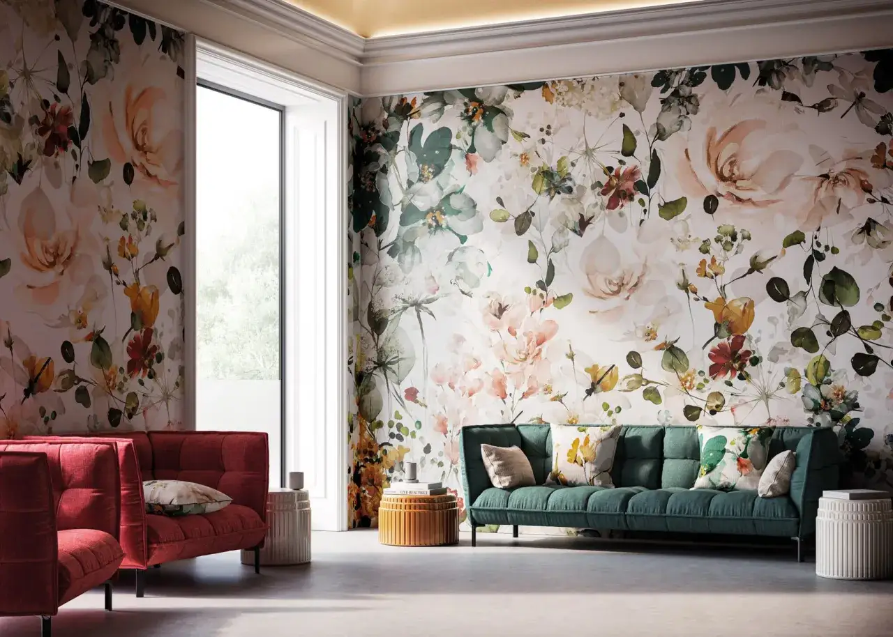Soggiorno con carta da parati floreale audace, divano verde e poltrone rosse. Un esempio di arredamento massimalista che celebra colori e motivi vivaci.