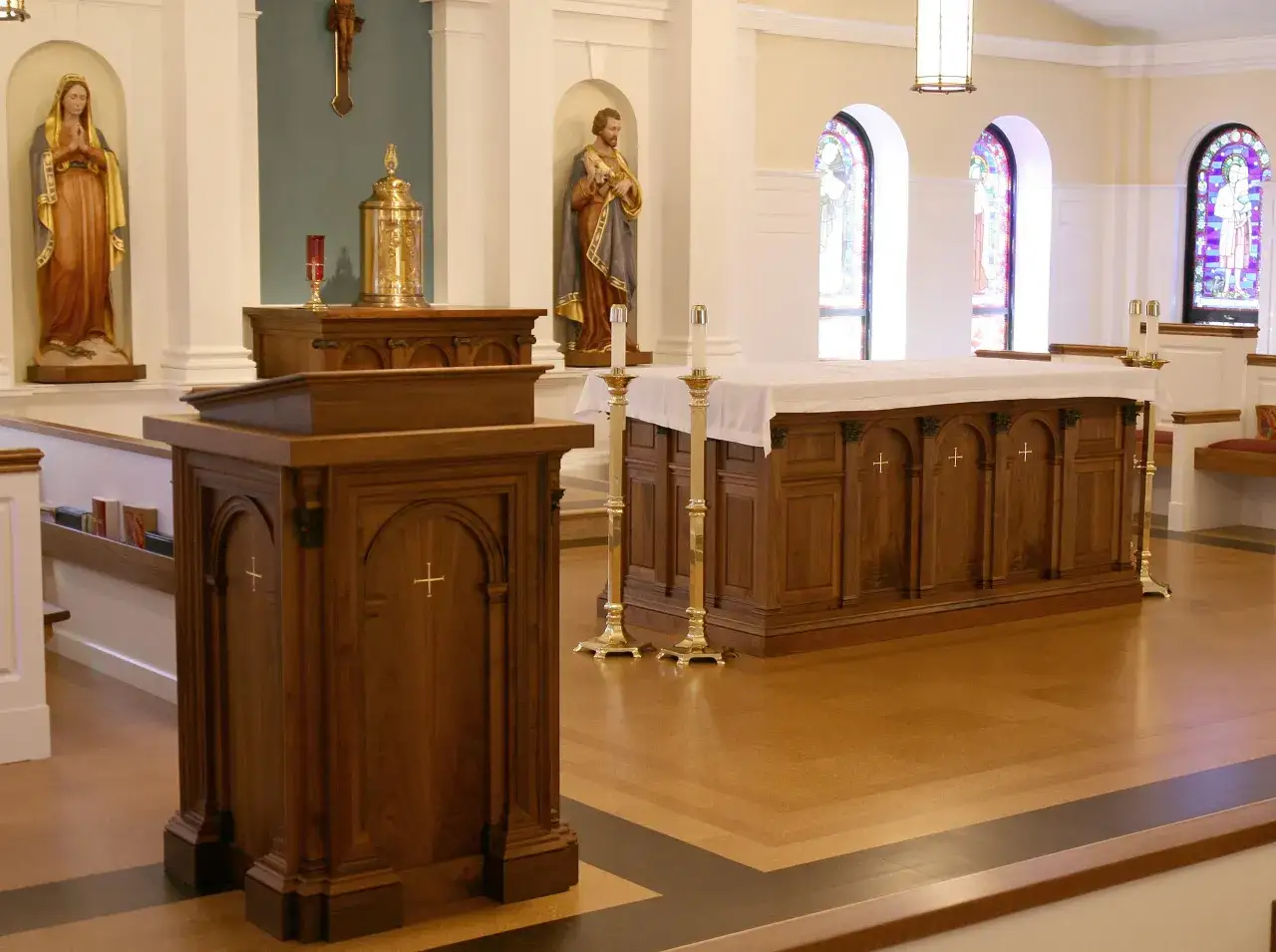 The altar and ambo in a church, ready for the liturgy of the word and the mass.