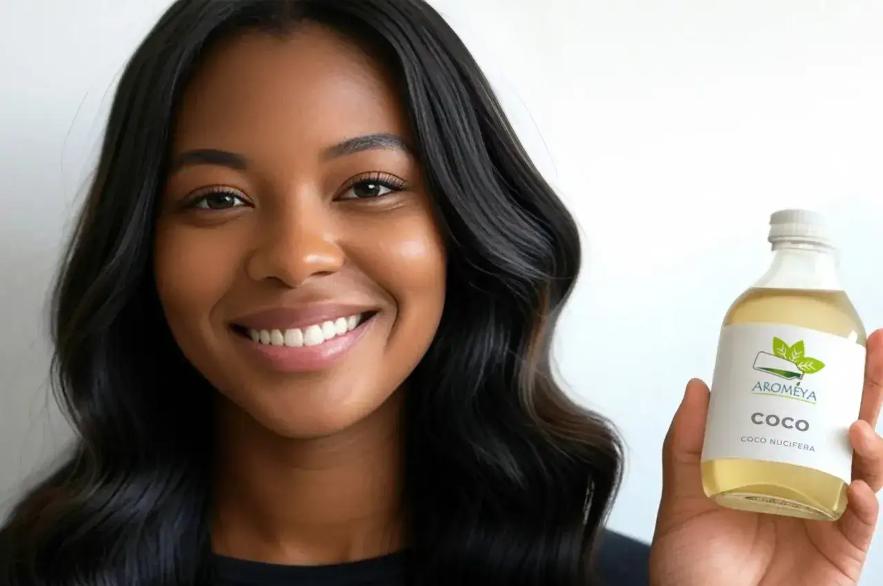 Une femme souriante tient une bouteille d'huile de coco Aromeya, découvrant ses bienfaits pour la peau et les cheveux.