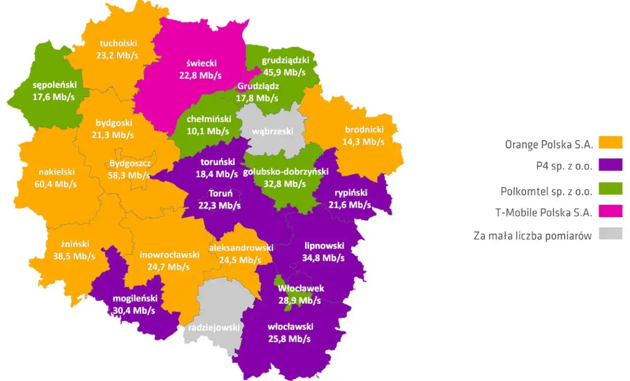 Mapa pokazuje zasięg Starlink w regionach Polski, z prędkościami od 10,1 do 60,4 Mb/s.