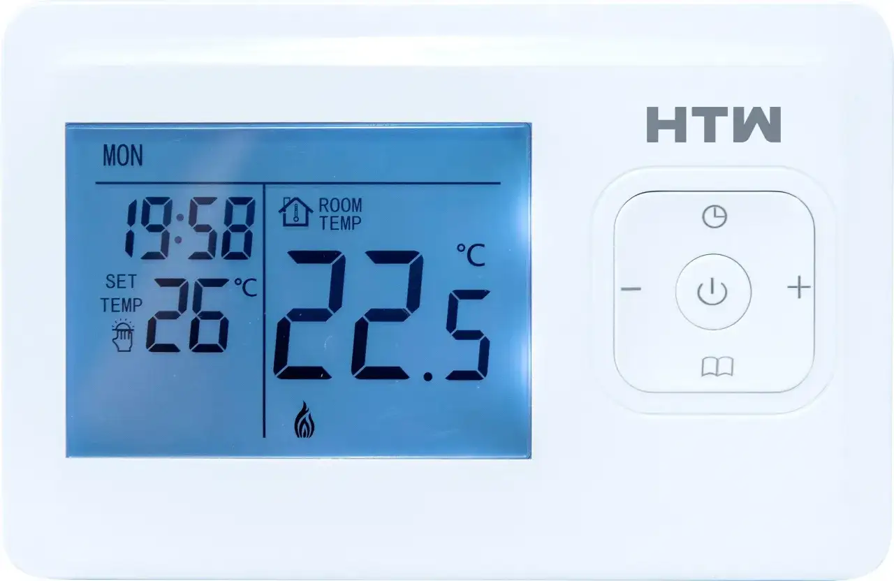 Termostato HTW muestra hora (19:58), temperatura ambiente (22.5°C) y ajuste (26°C). La diferencia entre termostato y cronotermostato es la programación horaria.