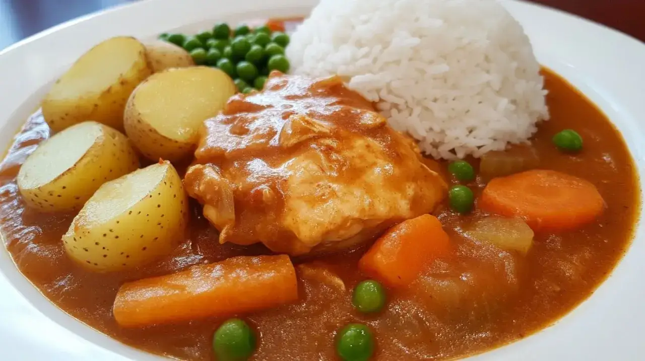 Delicioso estofado de pollo con arroz blanco, patatas, zanahorias y guisantes.