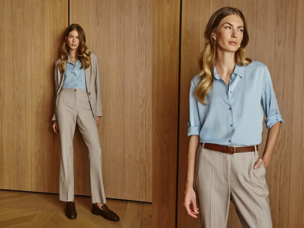 Elegancka kobieta w beżowym garniturze w prążki i błękitnej koszuli, idealna stylizacja business casual.