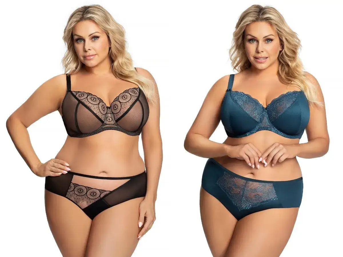 Elegancka bielizna damska plus size: czarny, transparentny komplet z koronkowymi detalami i granatowy biustonosz z figami ozdobione koronką.