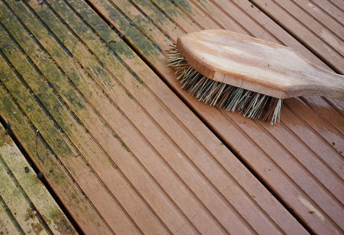 Brosse en bois sur une terrasse en bois, montrant comment enlever la mousse sur une terrasse. La moitié gauche est verte et sale, la droite est propre.