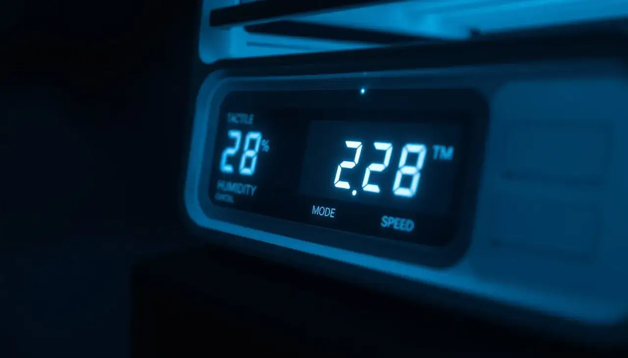 Pantalla digital de un deshumidificador que muestra 28% de humedad y 2.28. El dispositivo ayuda a que un deshumidificador enfria el ambiente.