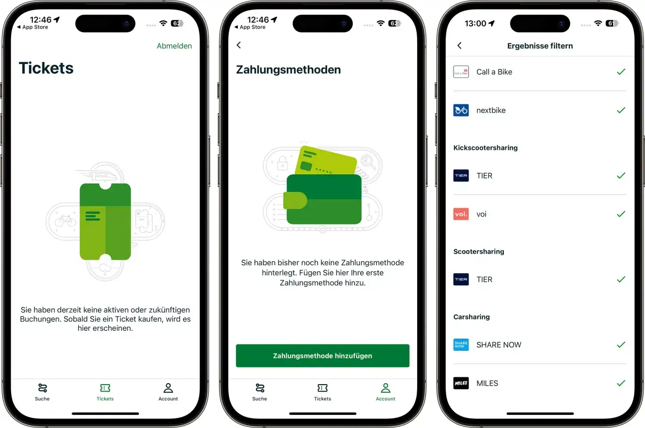 Screenshots einer App, die verschiedene Deutschlandticket zahlungsarten anzeigt, darunter Kreditkarte und verschiedene Sharing-Dienste.