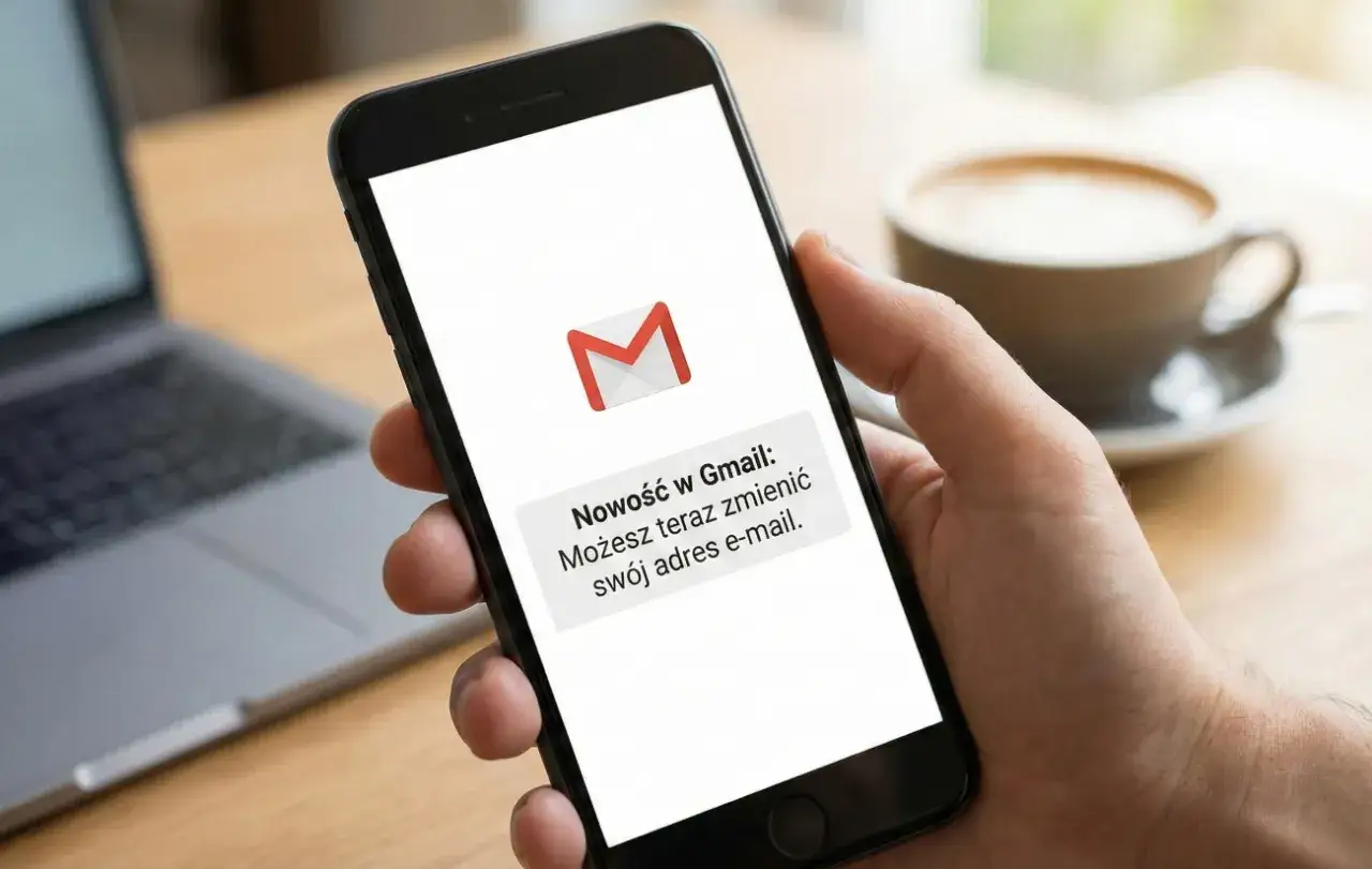 Dłoń trzyma smartfon z powiadomieniem Gmail: 