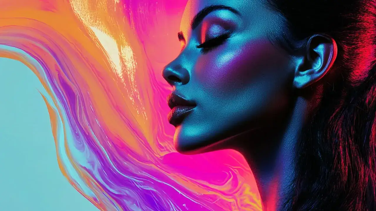 Perfil de mujer con iluminaci&oacute;n ne&oacute;n, labios brillantes y fondo abstracto de pintura. El balance de blancos en Photoshop resalta los tonos vibrantes.