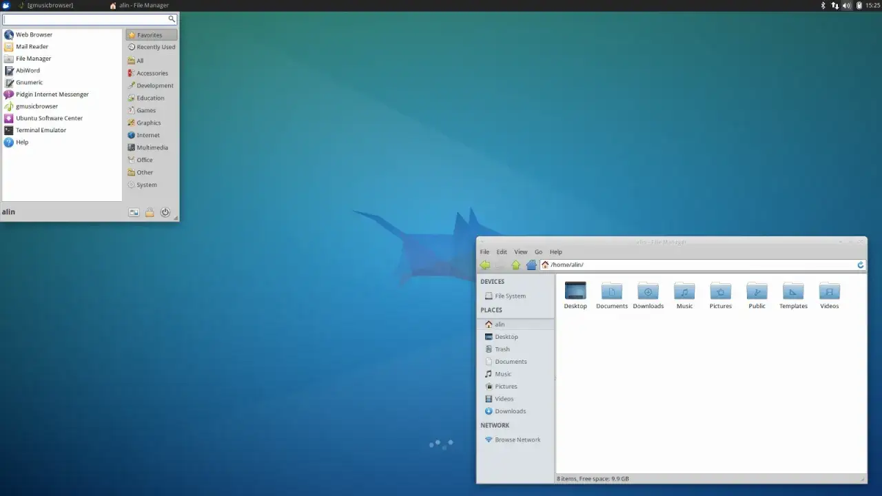 Widok pulpitu Xubuntu z otwartym menedżerem plików, pokazującym foldery takie jak Dokumenty, Muzyka i Obrazy.