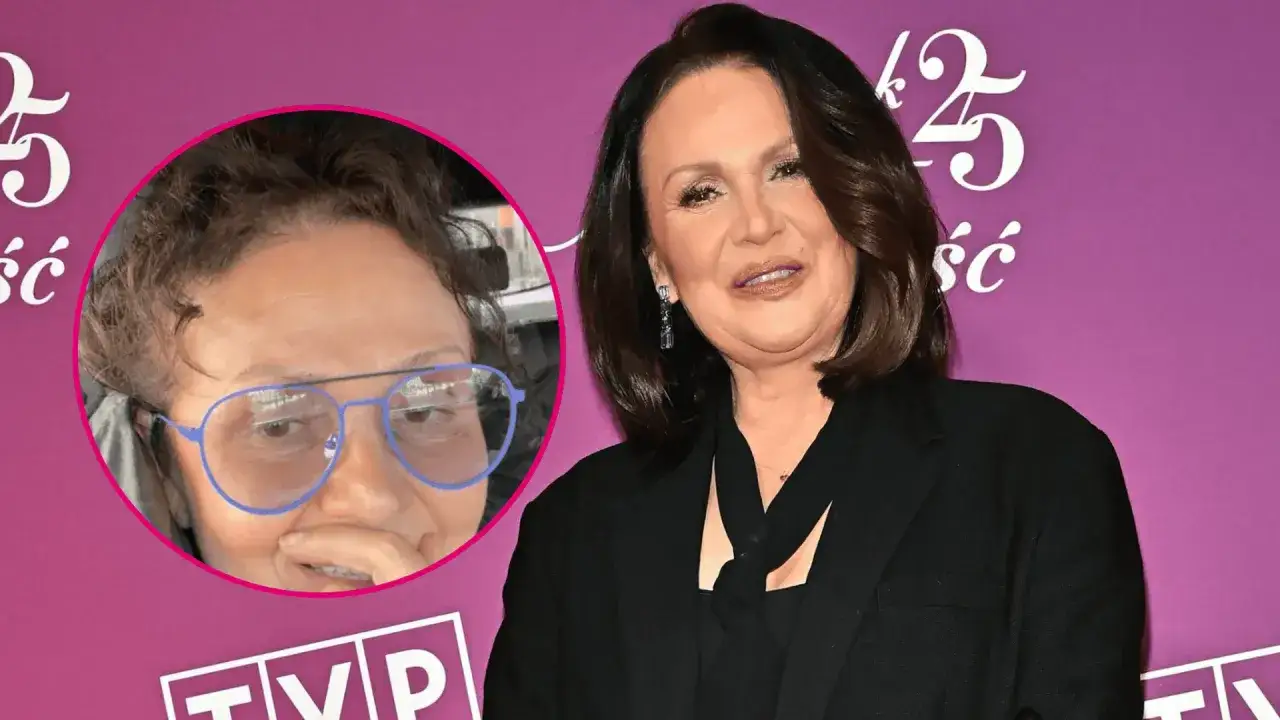 Małgorzata Pieńkowska, aktorka, w okularach i bez makijażu obok siebie na evencie.