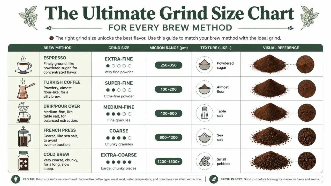 Wykres pokazuje, jak zmielić kawę do różnych metod parzenia: od drobnego pudru do espresso po grube kawałki do cold brew.