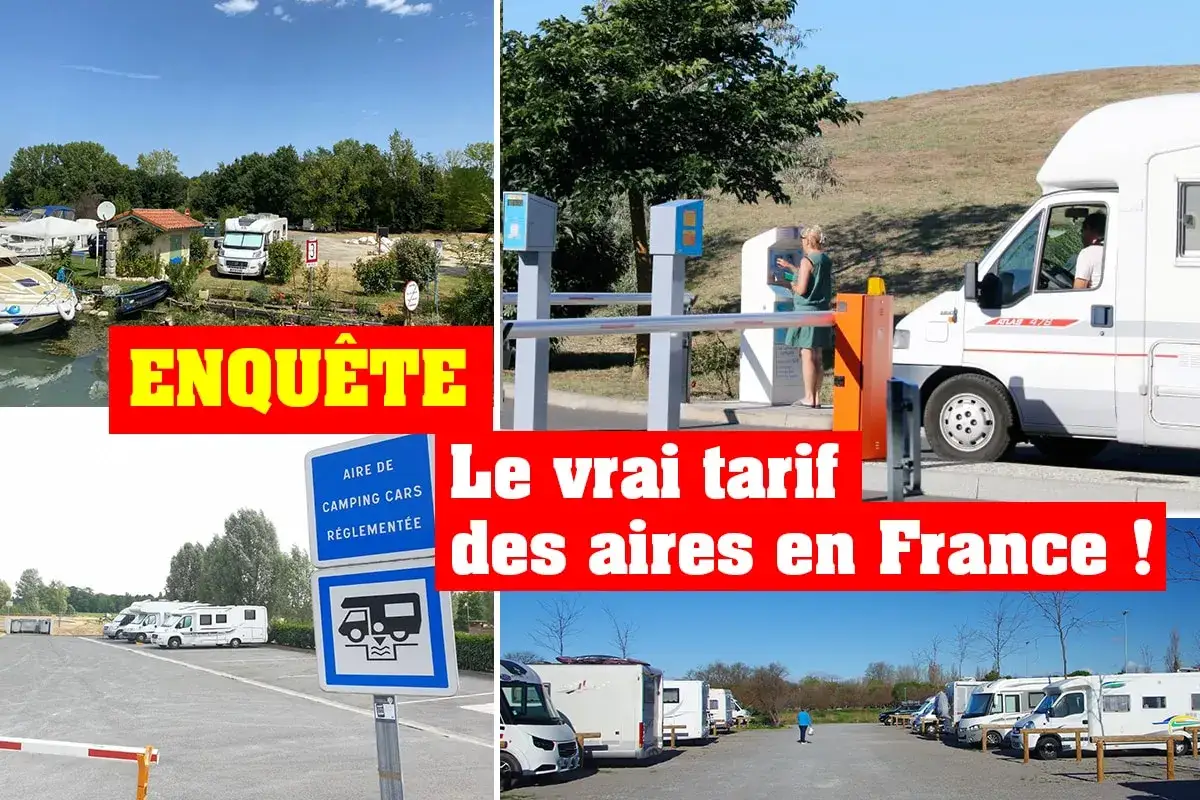 Enqu&ecirc;te sur le vrai tarif des aires de camping-car en France. Des camping-cars stationn&eacute;s, une barri&egrave;re de p&eacute;age et un panneau 