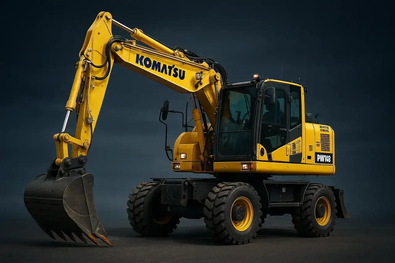 Żółta koparka kołowa Komatsu PW148 gotowa do pracy na budowie.
