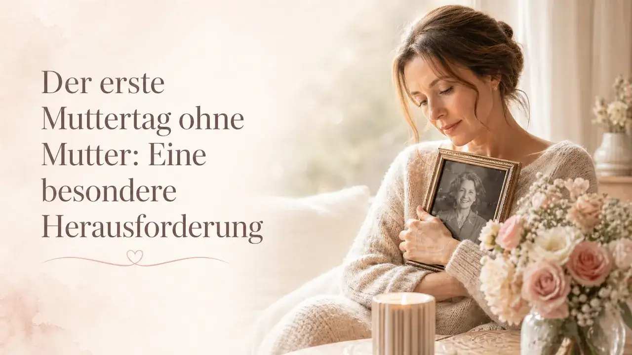 Eine Frau h&auml;lt ein Foto ihrer Mutter, der Verlustangst, Mutter zu verlieren, sp&uuml;rbar. Ein Blumenstrau&szlig; und eine Kerze deuten auf den Muttertag hin.