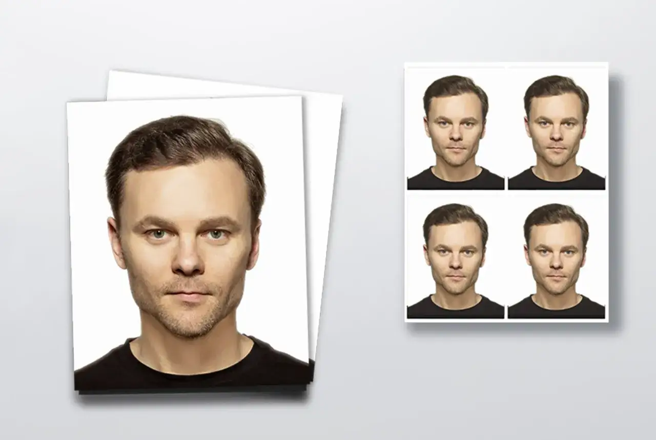 Zdjęcie do dowodu online za darmo. Mężczyzna w czarnej koszulce, cztery identyczne fotografie na białym tle.