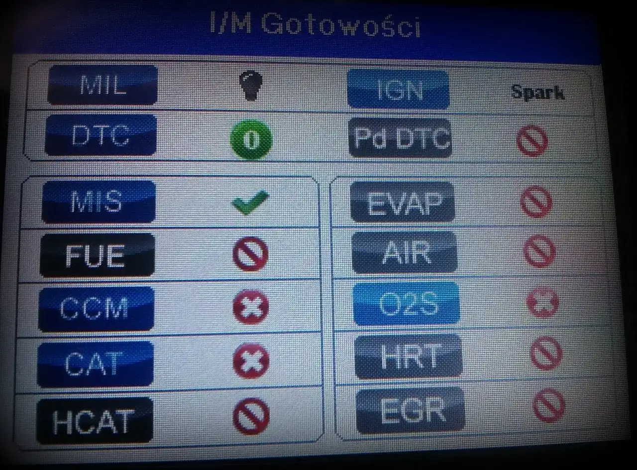 Ekran diagnostyczny pojazdu z listą system&oacute;w, w tym O2S (sonda lambda), gotowych do inspekcji.