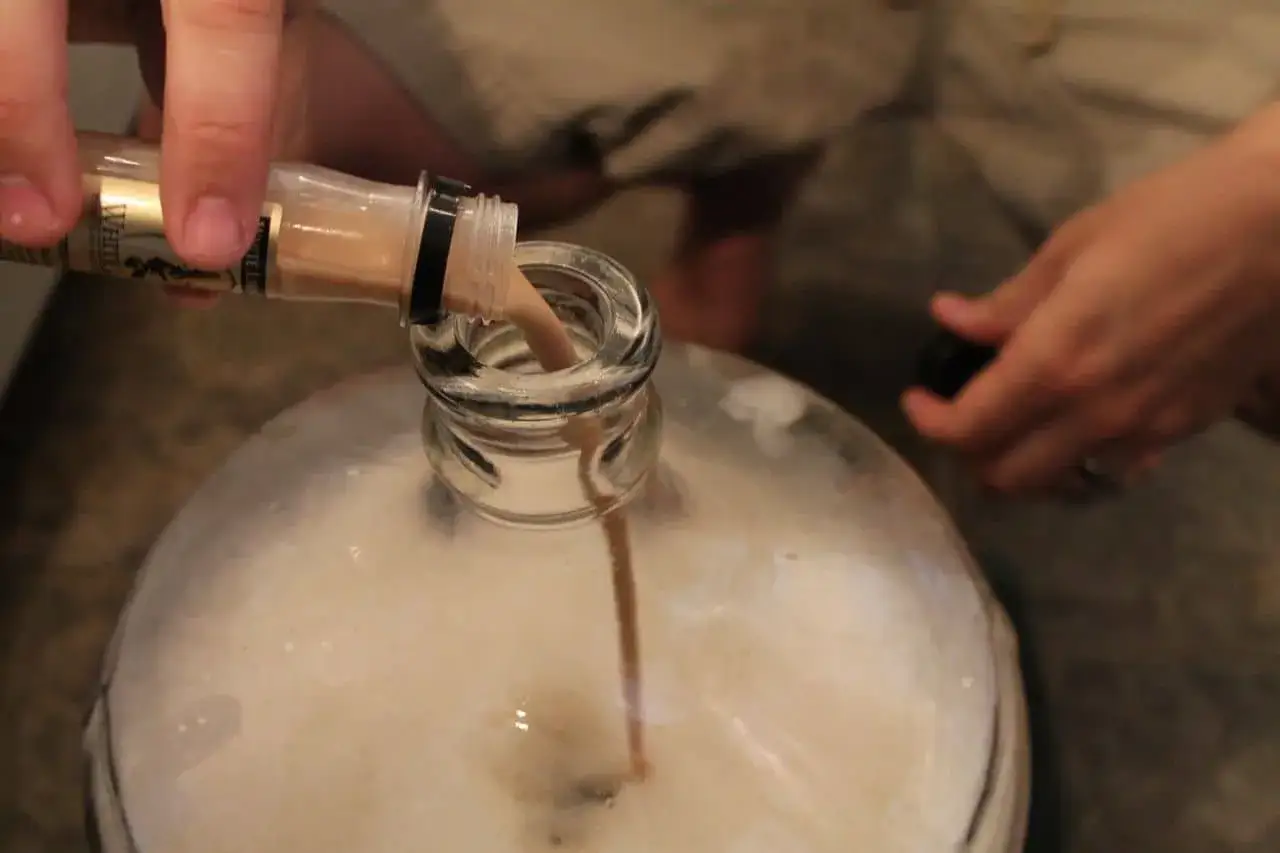 Versando un liquido da una bottiglietta in un damigiana piena di schiuma, per la fermentazione di una birra ad alta fermentazione.