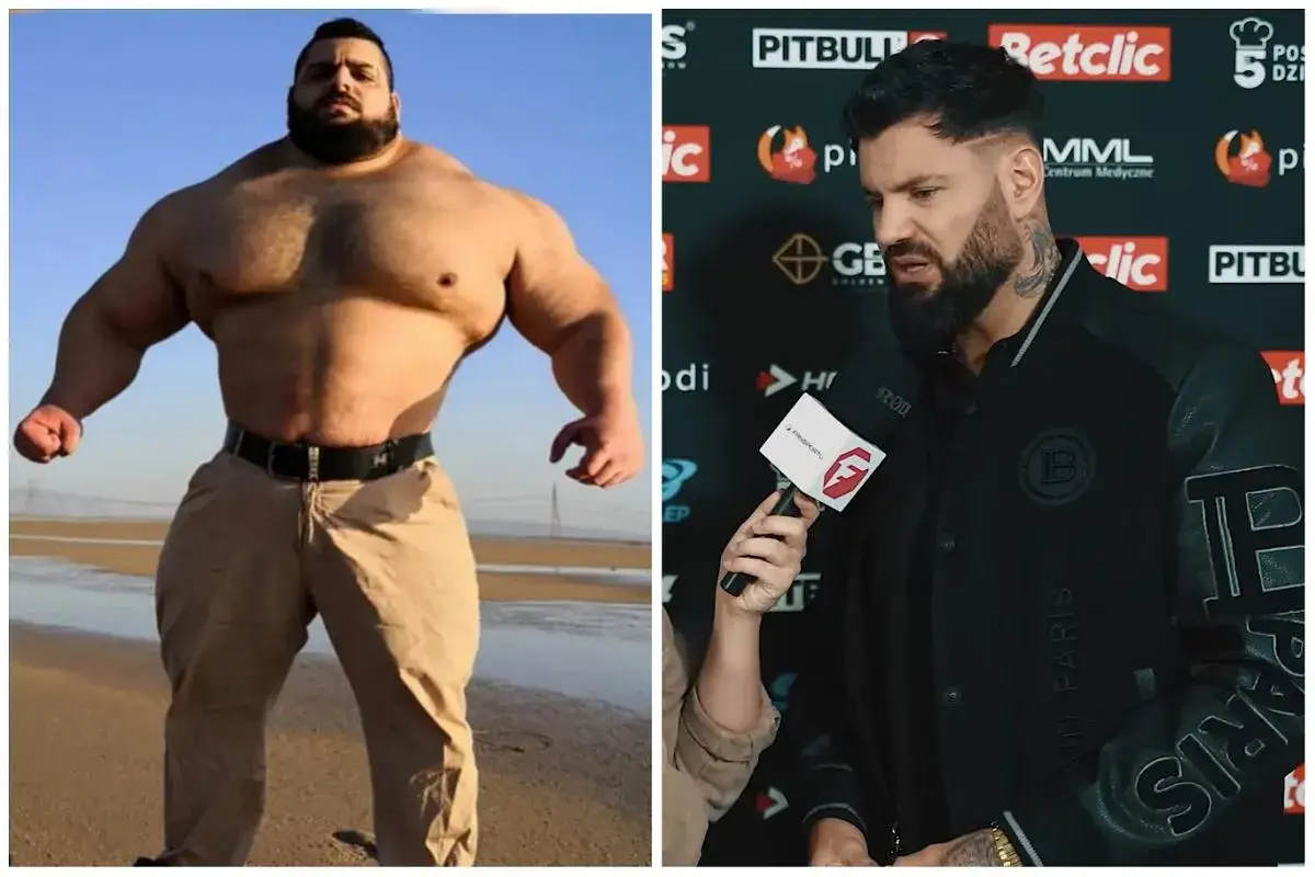 Dwa oblicza. Z lewej strony potężny mężczyzna na plaży, z prawej wywiad z zawodnikiem MMA. Ciekawe, ile lat ma Wojtek Gola?