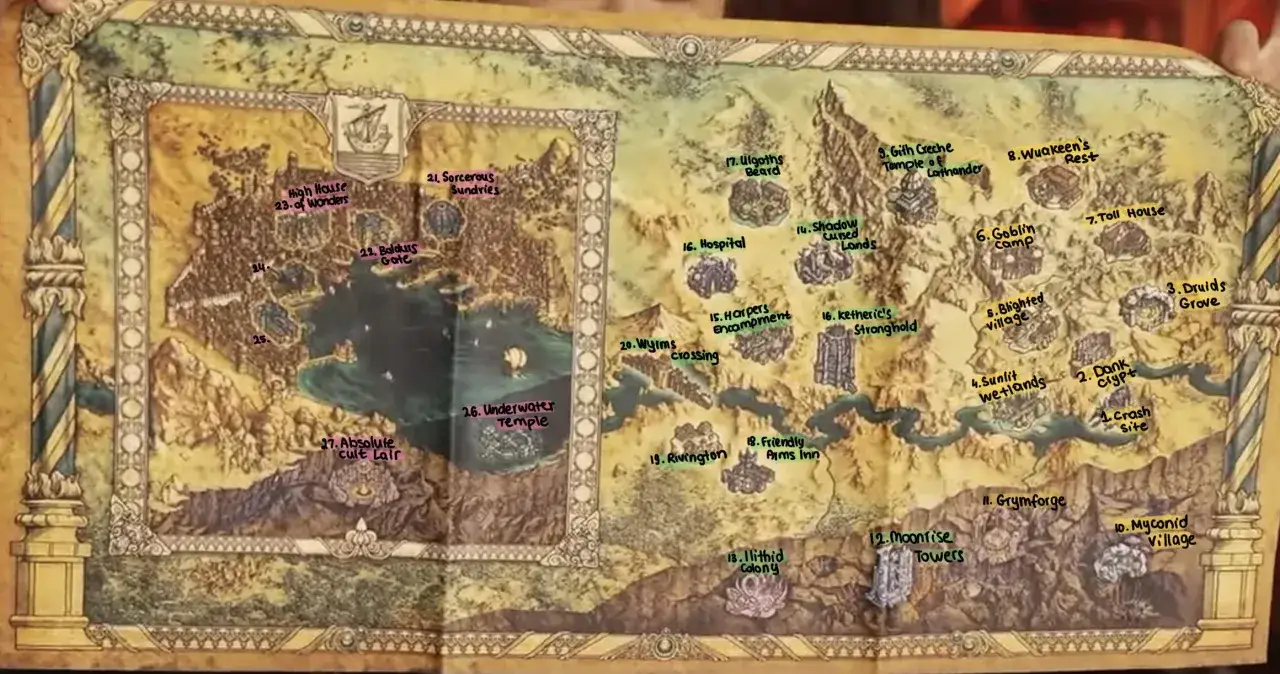 Mapa świata Baldur's Gate 3. Znajdź wszystkie lokacje, by ukończyć solucję gry.