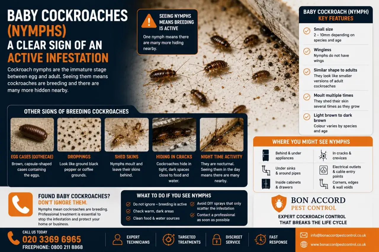 Ninfas de cucaracha, se&ntilde;al de que las cucarachas se reproducen. Se muestran signos de infestaci&oacute;n, como ootecas y excrementos.