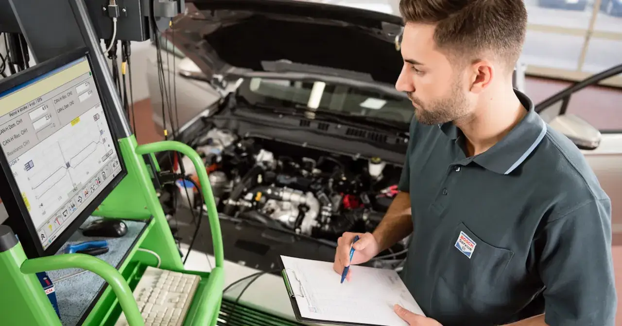 Mechanik sprawdza dane na komputerze diagnostycznym. Pamiętaj, że prawdziwa historia klienta, który stracił gwarancję przez wymianę klocków poza ASO, to przestroga.