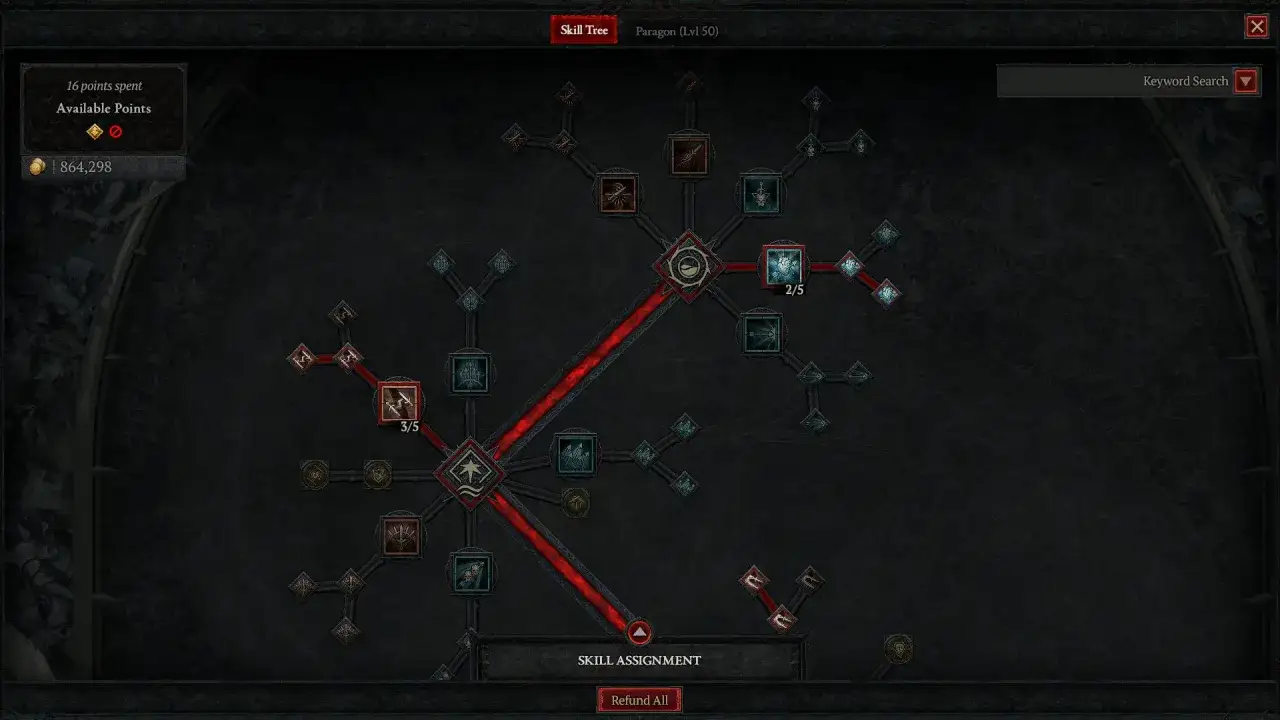 Drzewko umiejętności dla łotra w Diablo 4. Skupia się na budowaniu postaci z naciskiem na obrażenia i szybkość.