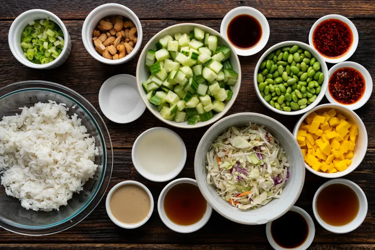En sk&aring;l med ris, hackad gurka, edamame, k&aring;lsallad, mango, cashewn&ouml;tter och olika s&aring;ser. Perfekt f&ouml;r att g&ouml;ra krispigt ris.