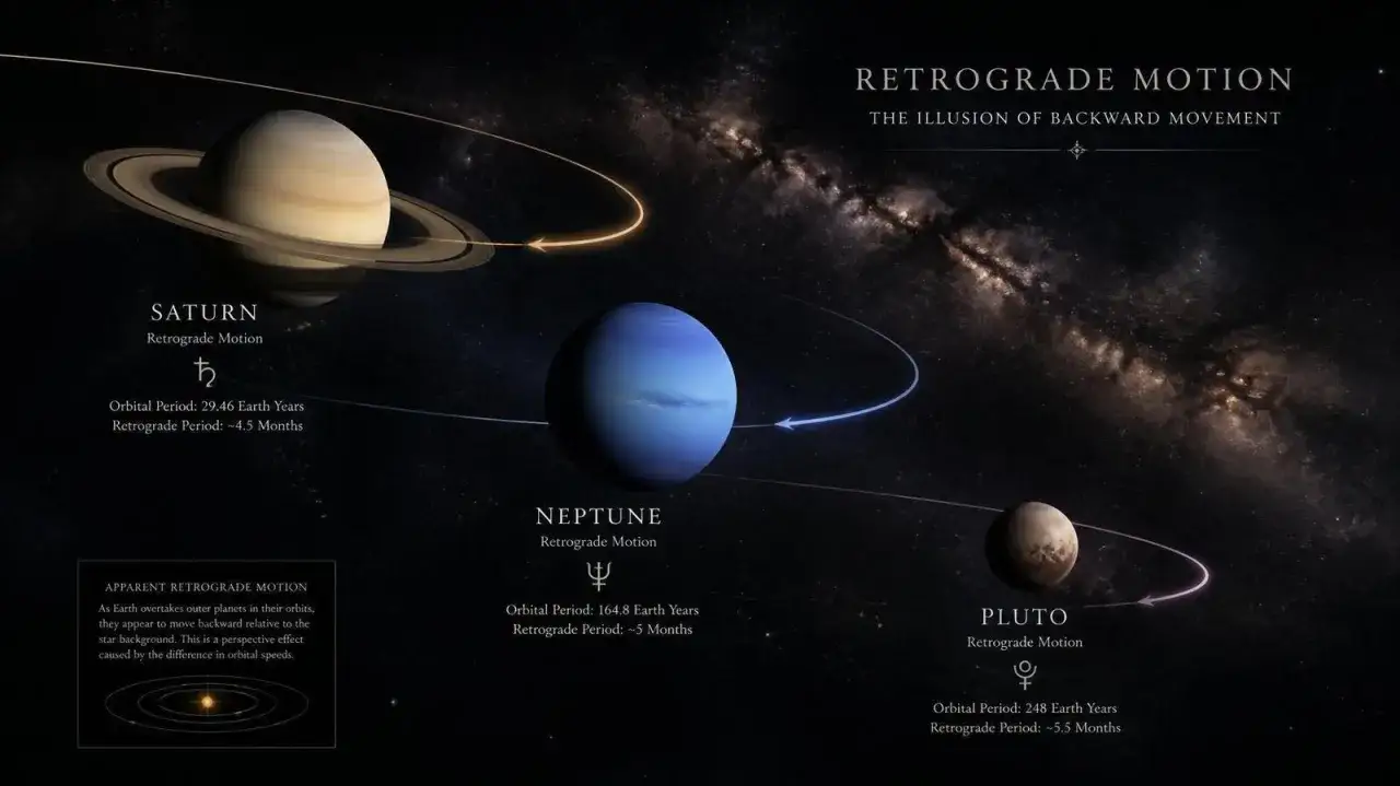 Saturn, Neptun i Pluton w przestrzeni kosmicznej, ilustrujące zjawisko, jaka jest teraz retrogradacja.