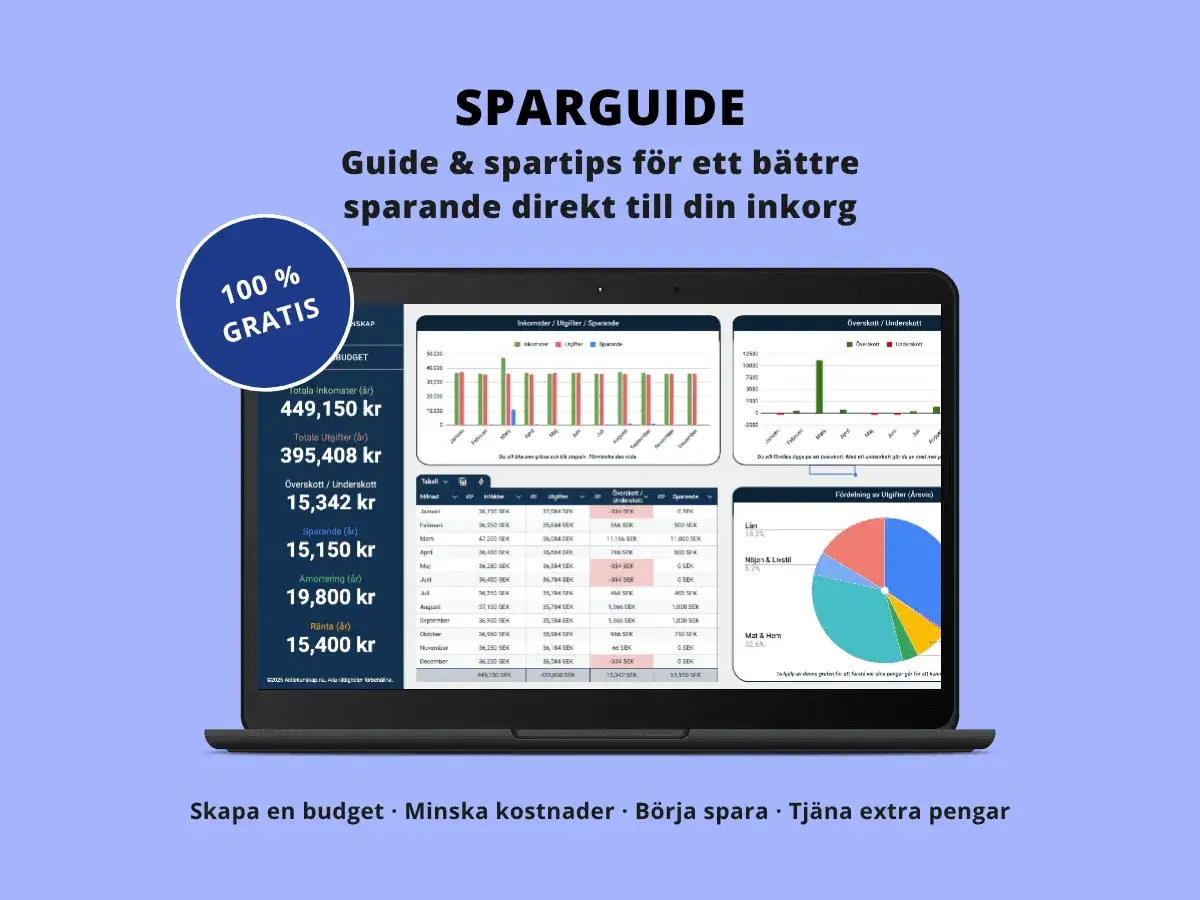 Här är en guide med spartips för att förbättra din hushållsekonomi. Visualiseringar visar budget, inkomster, utgifter och sparande.