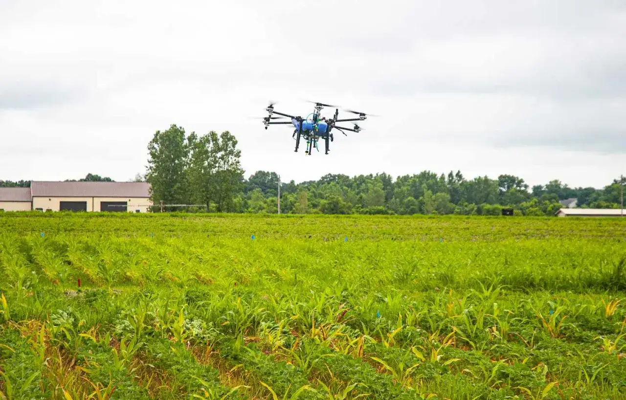 A drone flies over a lush green field in Iowa, likely for agricultural monitoring, adhering to Iowa drone laws.