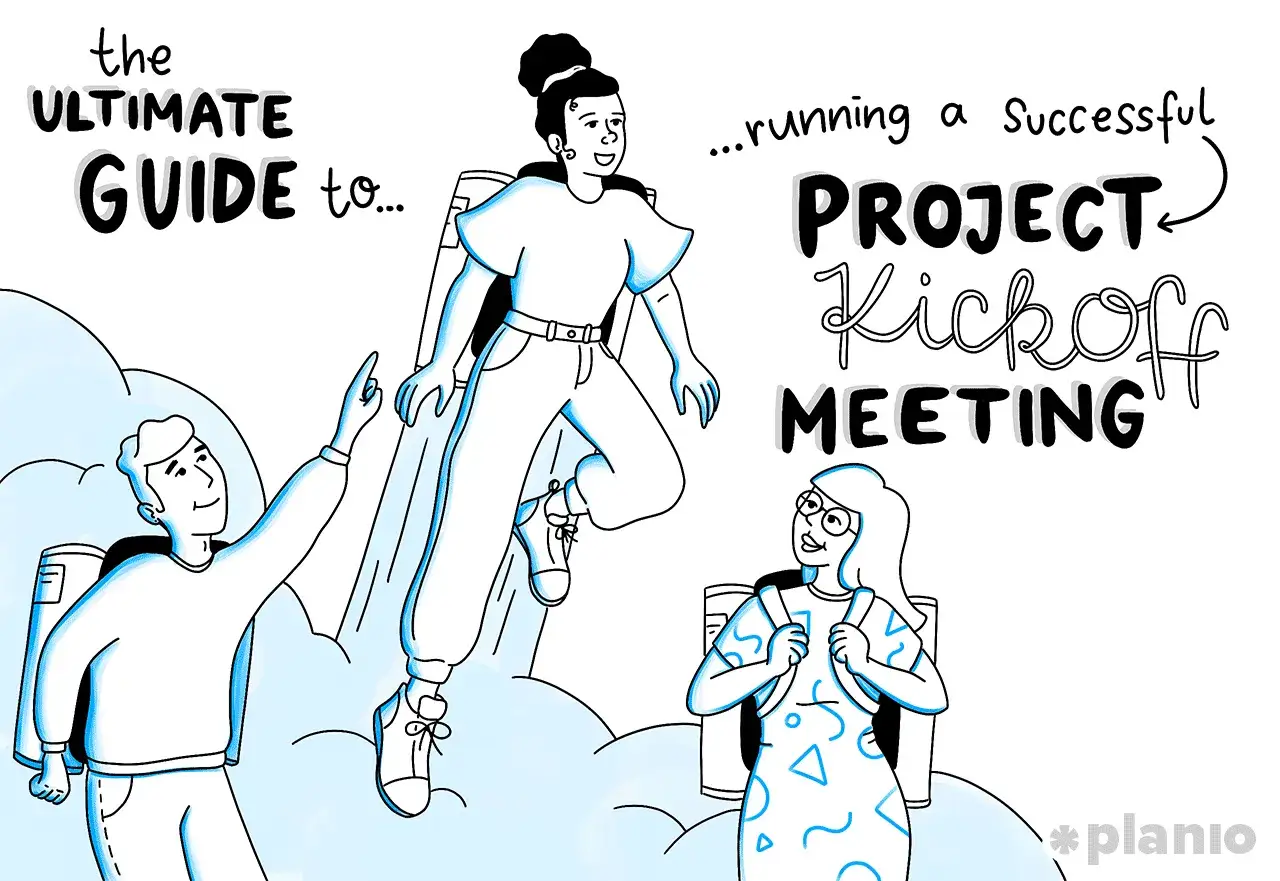 Ostateczny przewodnik po udanym kickoff projektu. Ludzie z plecakami unoszą się na chmurach, symbolizując start.
