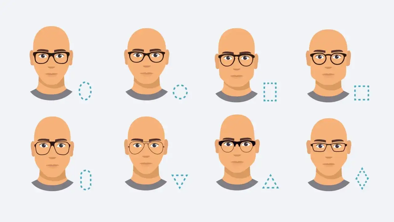 Ocho calvos sin barba con diferentes formas de gafas y contornos faciales.
