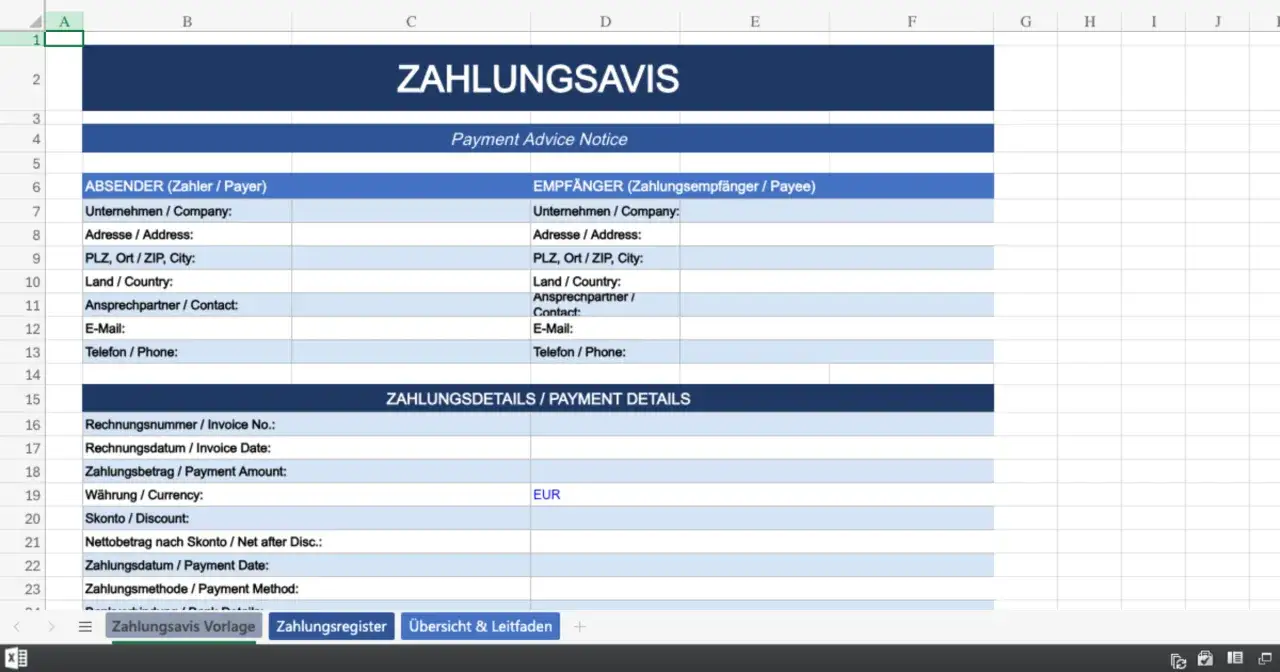 Zahlungsavis-Vorlage in Excel. Enth&auml;lt Felder f&uuml;r Absender, Empf&auml;nger und Zahlungsdetails. Die Zahlung avisiert wird hier dokumentiert.