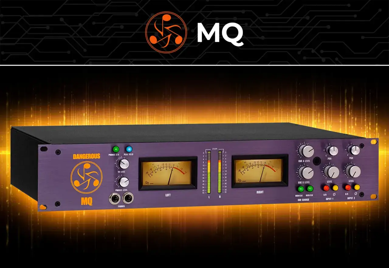 Equipo de audio púrpura con medidores analógicos. El logo MQ y el texto