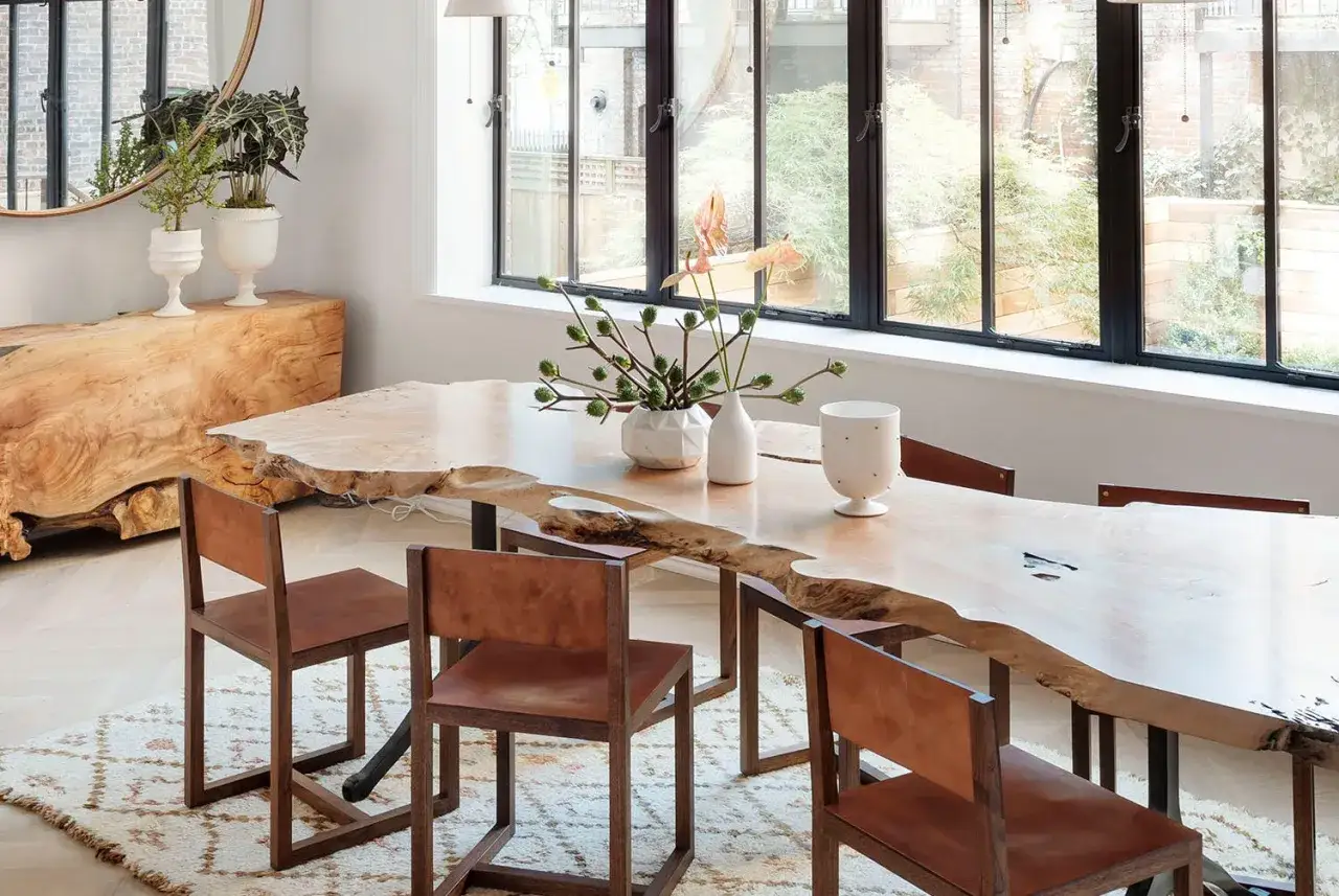 Arreglo floral y jarr&oacute;n blanco para poner encima de una mesa de comedor de madera natural.