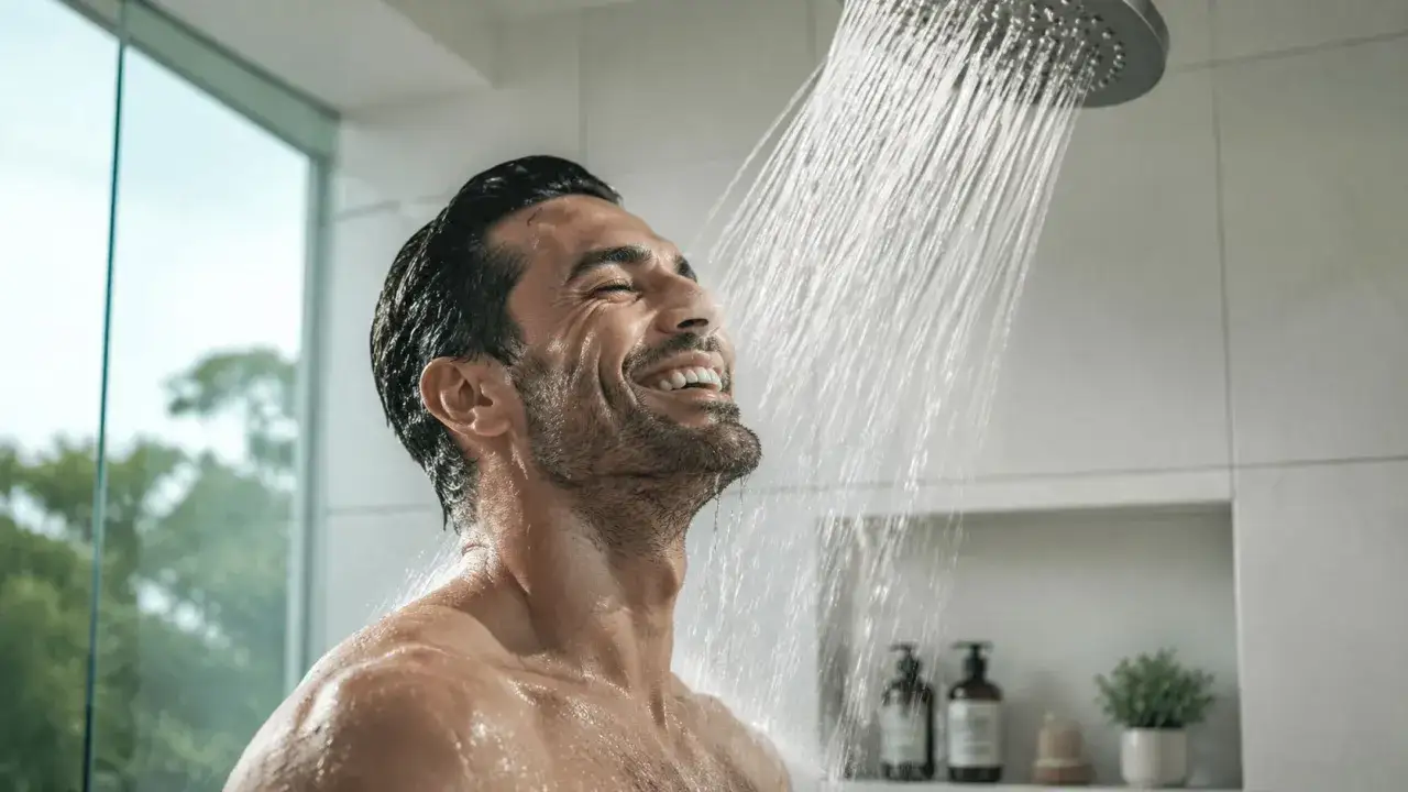 En man njuter av en uppfriskande dusch. Hur ofta ska man duscha? Det beror p&aring; livsstil och hudtyp, men regelbunden hygien &auml;r viktig.
