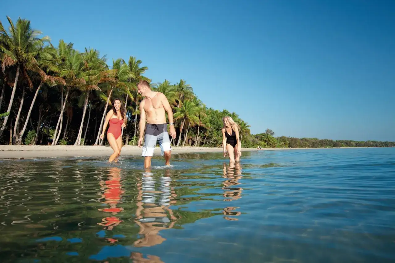Glada m&auml;nniskor njuter av vattnet vid en palmkantad strand i Port Douglas.