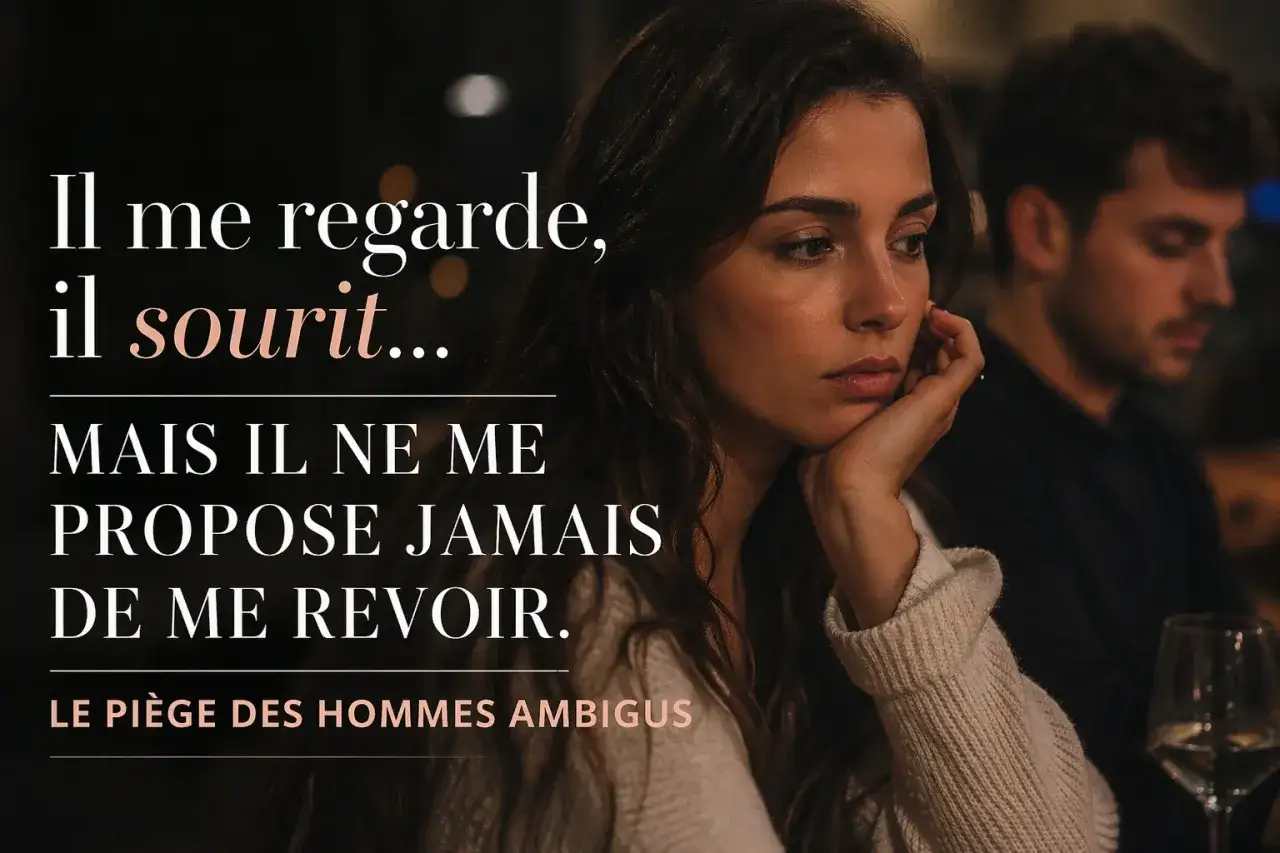 Une femme songeuse, un homme en arrière-plan. Le texte interroge : comment savoir si un homme voit plusieurs femmes quand il sourit mais ne propose jamais de se revoir ?