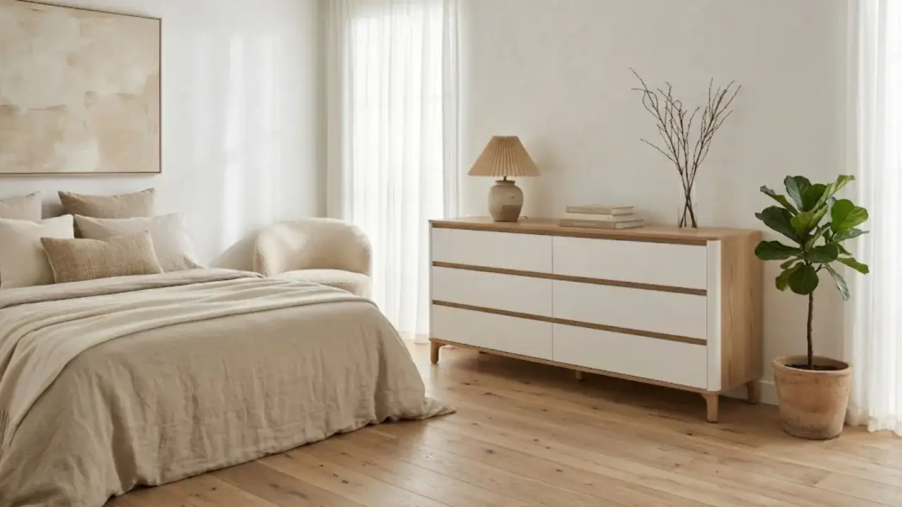 Jasne sypialnie w stylu boho. Miękkie tekstylia, drewniana komoda i roślina tworzą przytulną atmosferę.
