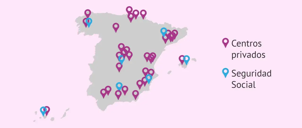 Mapa de Espa&ntilde;a con pines que indican centros privados (morado) y de Seguridad Social (azul). Averigua cuanto cuesta una inseminaci&oacute;n artificial en Espa&ntilde;a.