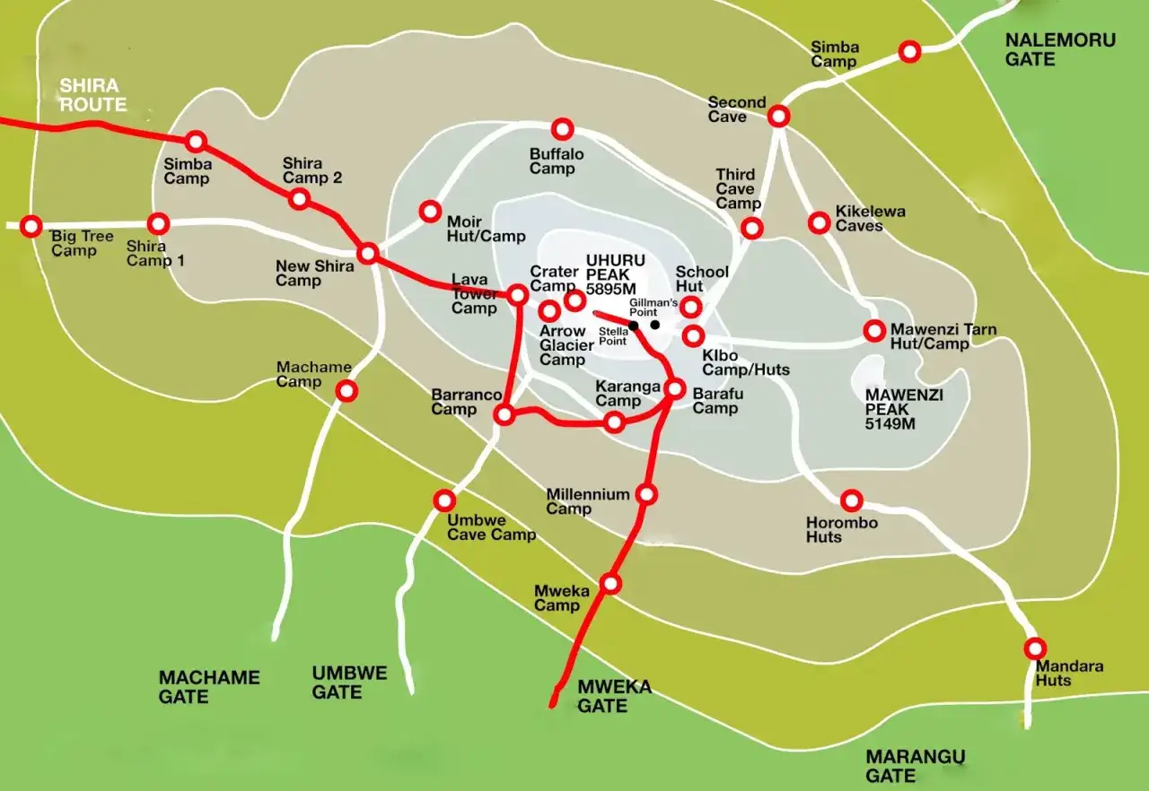Mapa szlaków na Kilimandżaro, najwyższą górę w Afryce. Widoczne obozy: Simba, Shira, Moir, Lava Tower, Barranco, Karanga, Barafu, Kibo, a także szczyty Uhuru Peak (5895 m) i Mawenzi Peak (5149 m).