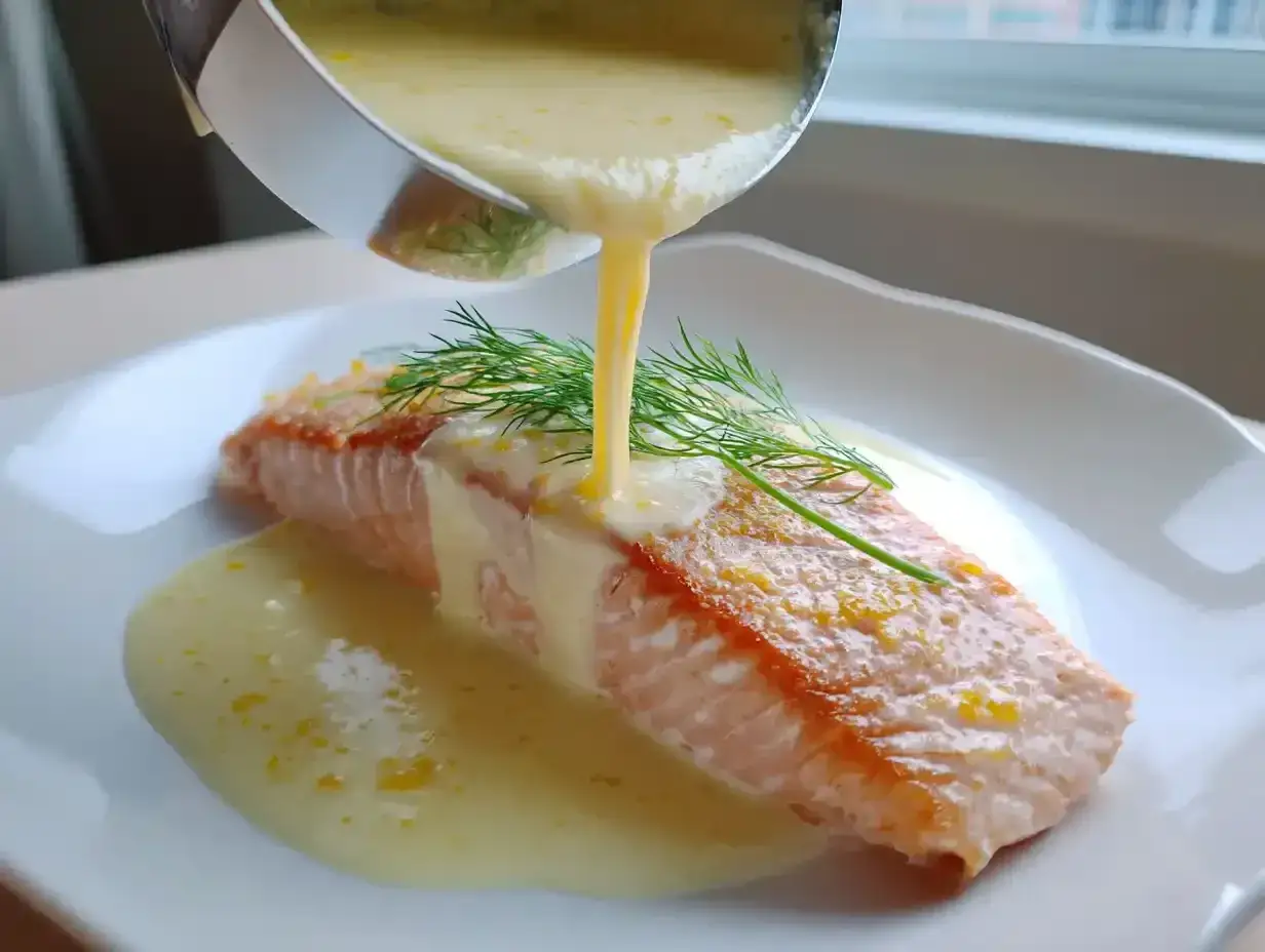 En saftig laxfilé serveras med en krämig citronsås till fisk och färsk dill.