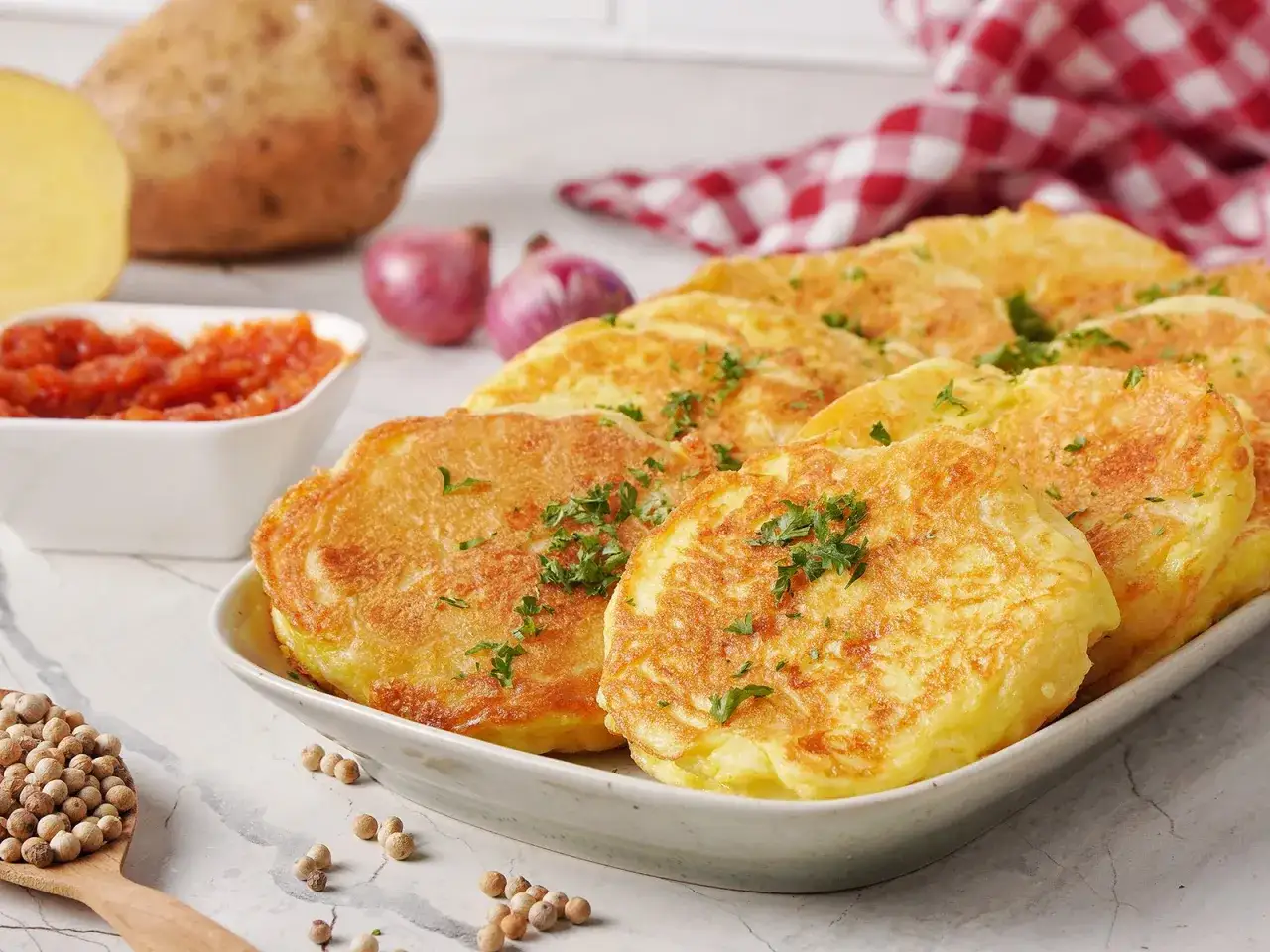 Goldbraune Kartoffelpuffer, garniert mit Petersilie, sind ein k&ouml;stliches Gericht mit Kartoffeln. Dazu passen Tomatenso&szlig;e und Zwiebeln.