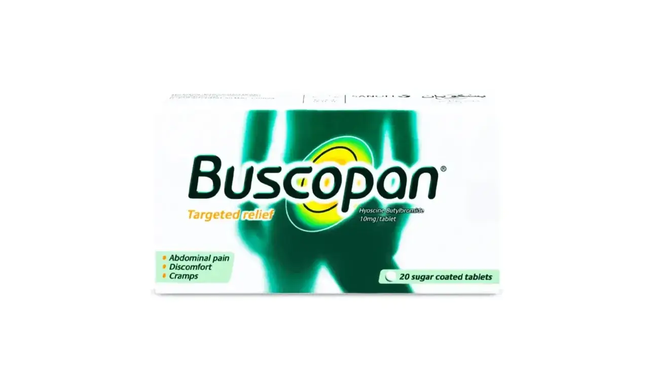 Buscopan-Packung mit Abbildung des menschlichen Unterleibs. Hilft bei Bauchschmerzen, Krämpfen und Unwohlsein, auch bei Divertikulitis.