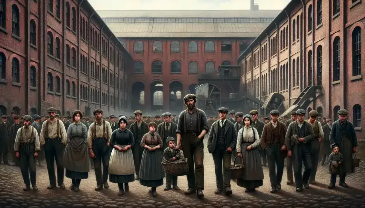 Gruppo di operai, uomini, donne e bambini, in piedi davanti a un edificio industriale. Un'immagine che evoca il **marxismo significato** e la lotta di classe.