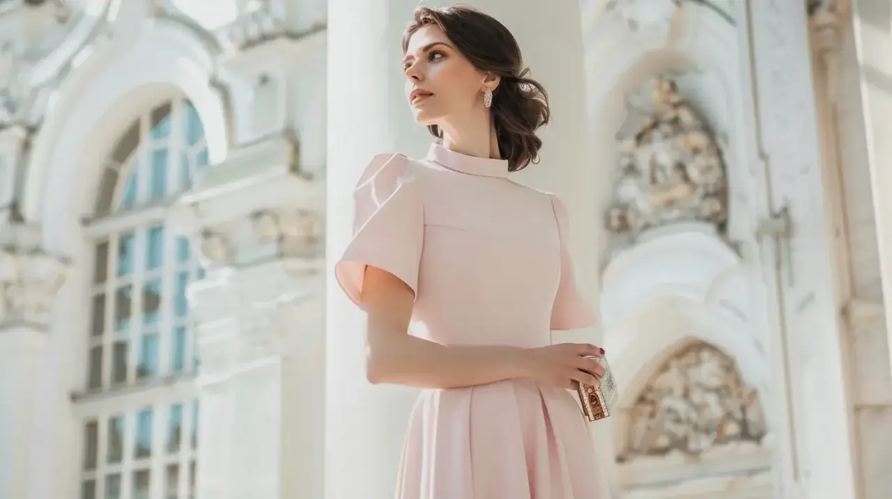 Elegancka kobieta w pudrowej sukience, idealna inspiracja, jak ubrać się na chrzciny jako gość. Stylowa i subtelna.