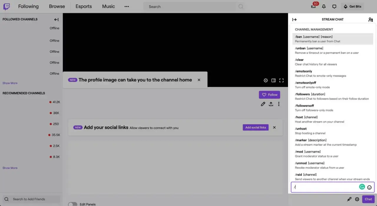 Twitch-Chat-Befehle zum Erstellen von Moderations-Tools wie /ban oder /mod werden angezeigt.