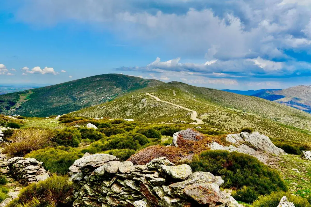 Sendero serpenteante en el puerto de Somosierra, rodeado de vegetaci&oacute;n y rocas bajo un cielo azul con nubes.